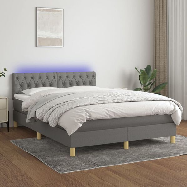 vidaXL Cama box spring colch&oacute;n y luces LED tela gris oscuro 140x190 cm