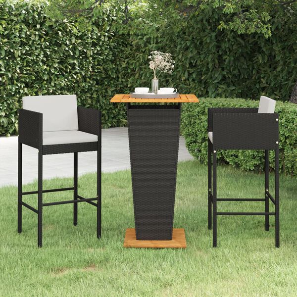 vidaXL Set muebles bar jardín 3 piezas y cojines ratán sintético negro