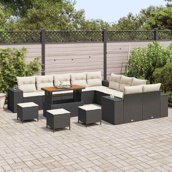 vidaXL Conjunto de sof&aacute; de jard&iacute;n 14 pcs Negro y crema rat&aacute;n sint&eacute;tico