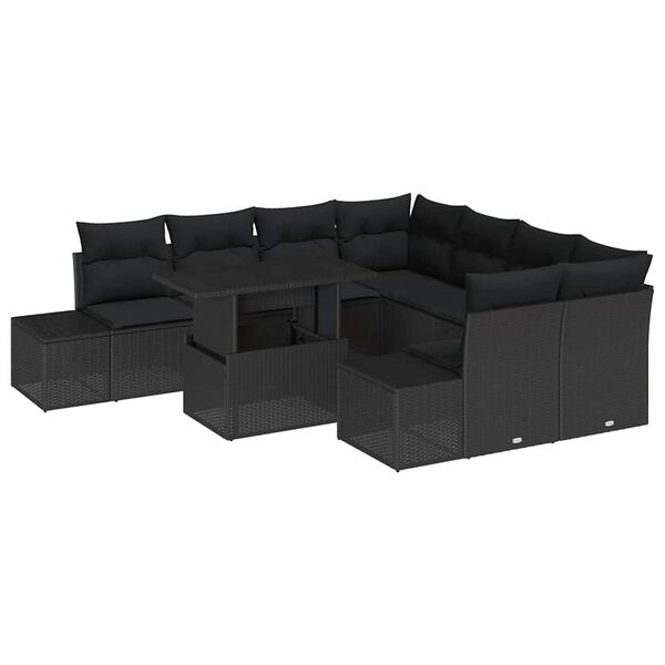 vidaXL Conjunto de sof&aacute; de jard&iacute;n 9 pcs Negro rat&aacute;n sint&eacute;tico