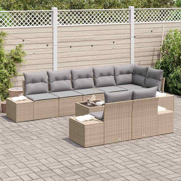 vidaXL Conjunto de sof&aacute; de jard&iacute;n 9 pcs Beige y gris rat&aacute;n sint&eacute;tico