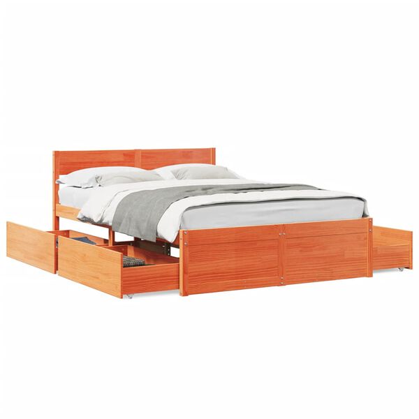 vidaXL Cama sin colchón madera maciza de pino marrón cera 140x190 cm