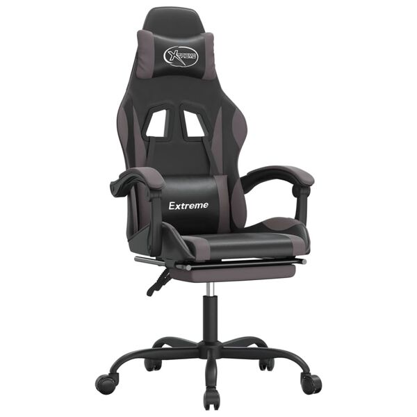 vidaXL Silla gaming giratoria y reposapi&eacute;s cuero sint&eacute;tico negro gris