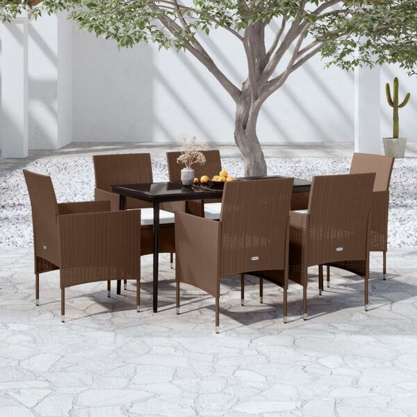 vidaXL Juego de comedor de jard&iacute;n 7 piezas con cojines marr&oacute;n y negro