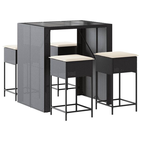 vidaXL Juego de bar de jard&iacute;n de 5 piezas con cojines rat&aacute;n PE negro