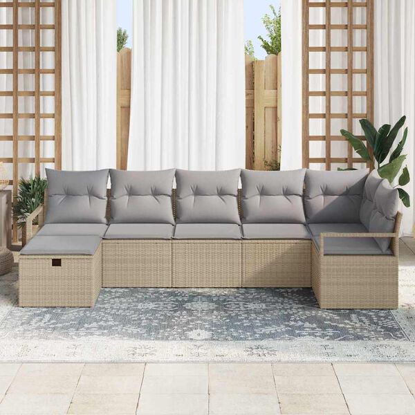 vidaXL Conjunto de sofá de jardín con cojín 7 pcs Beige Poliratán