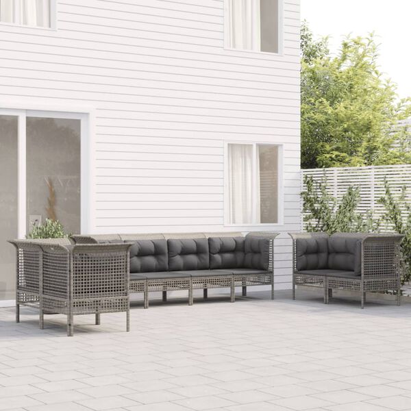 vidaXL Set de muebles de jard&iacute;n 8 pzas y cojines rat&aacute;n sint&eacute;tico gris