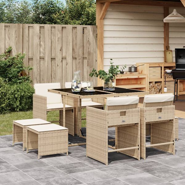 vidaXL Set comedor de jard&iacute;n 9 pzas con cojines rat&aacute;n sint&eacute;tico beige