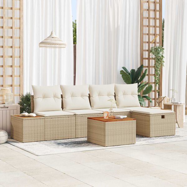 vidaXL Conjunto de sof&aacute; de jard&iacute;n con almohada 6 pcs Beige Polirat&aacute;n