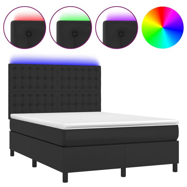 vidaXL Cama box spring colch&oacute;n y LED cuero sint&eacute;tico negro 140x200 cm