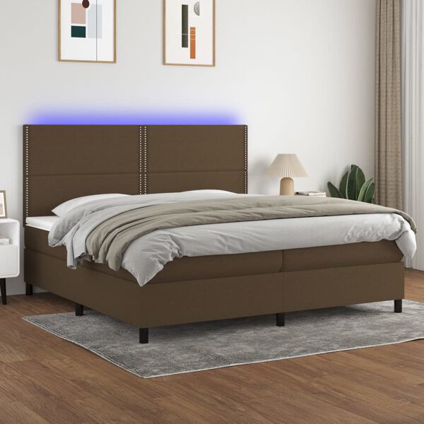 vidaXL Cama box spring colch&oacute;n luces LED tela marr&oacute;n oscuro 200x200 cm