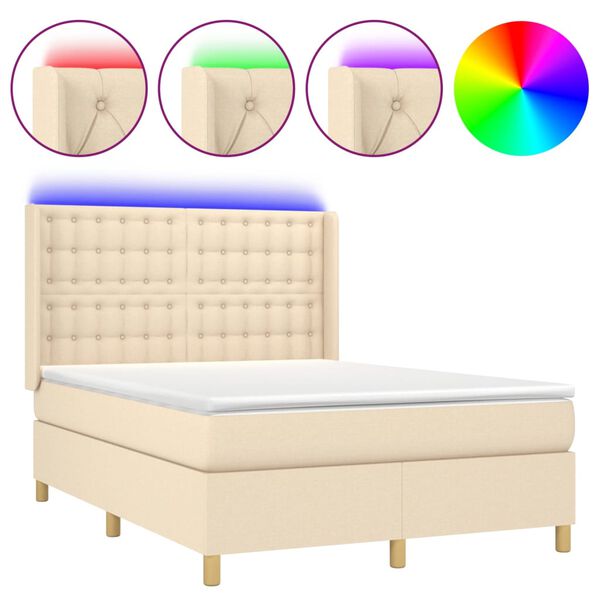 vidaXL Cama box spring colch&oacute;n y luces LED tela crema 140x190 cm