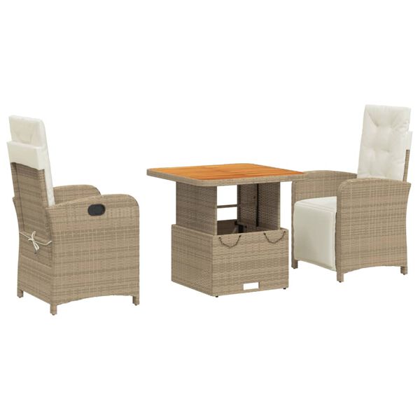 vidaXL Set comedor de jard&iacute;n 3 pzas con cojines rat&aacute;n sint&eacute;tico beige