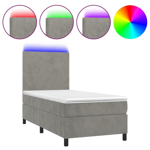 vidaXL Cama box spring colch&oacute;n y LED terciopelo gris claro 90x190 cm