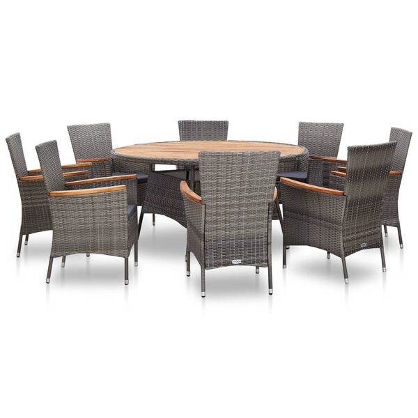 vidaXL Set comedor de jard&iacute;n 9 piezas rat&aacute;n sint&eacute;tico y madera gris