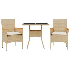 vidaXL Set comedor jard&iacute;n 3 pzas cojines rat&aacute;n sint&eacute;tico vidrio beige