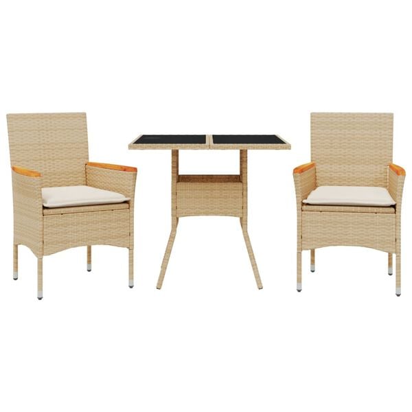 vidaXL Set comedor jard&iacute;n 3 pzas cojines rat&aacute;n sint&eacute;tico vidrio beige
