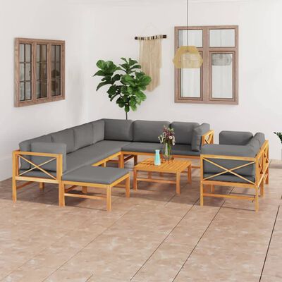 vidaXL Set de muebles de jardín 10 pzas madera de teca y cojines gris