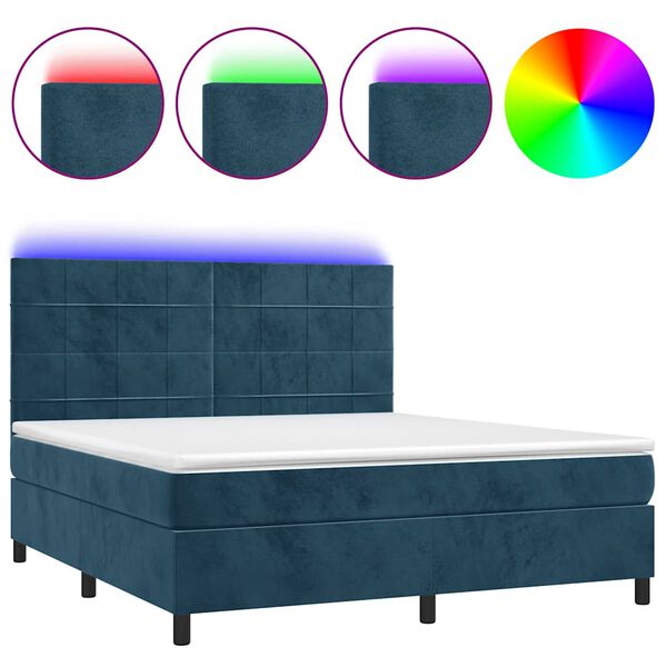 vidaXL Cama box spring colch&oacute;n y LED terciopelo azul oscuro 180x200 cm