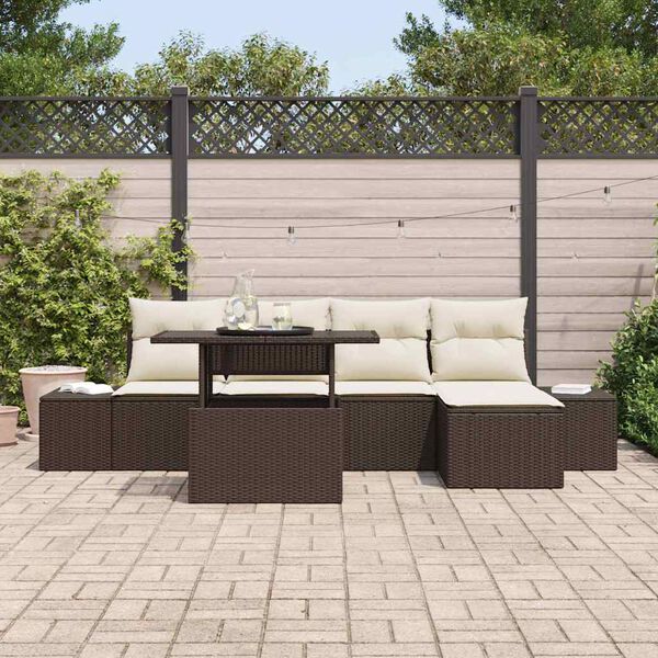 vidaXL Conjunto de sof&aacute; de jard&iacute;n 6 pcs Marr&oacute;n y crema rat&aacute;n sint&eacute;tico