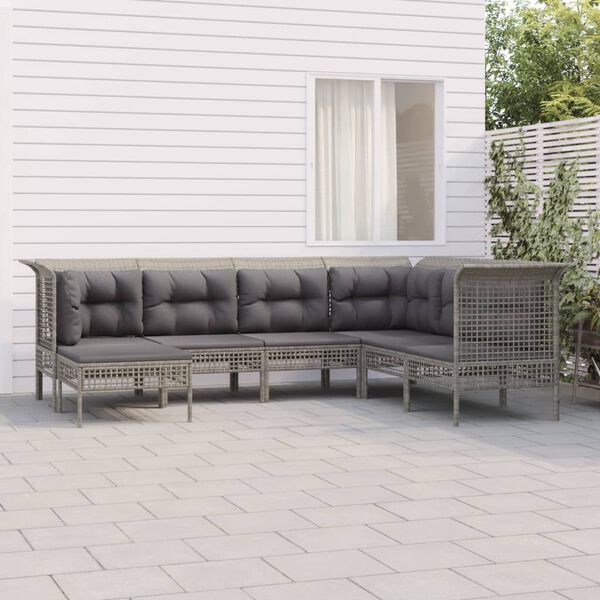 vidaXL Set de muebles de jard&iacute;n 7 pzas y cojines rat&aacute;n sint&eacute;tico gris
