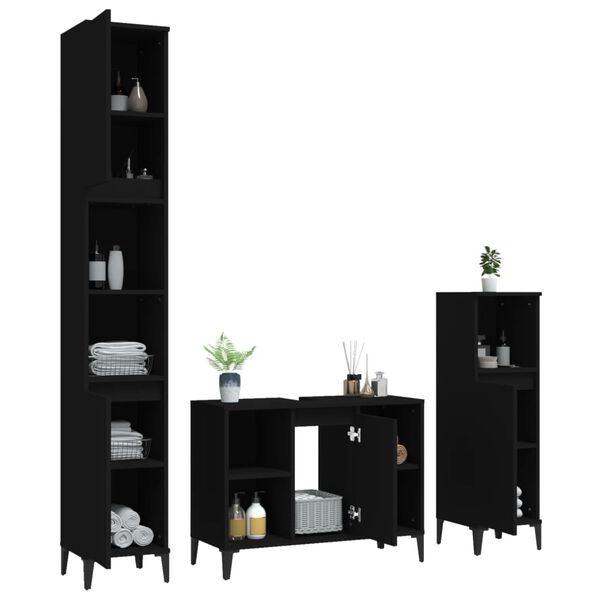 vidaXL Juego de muebles de baño 3 pzas madera contrachapada negro