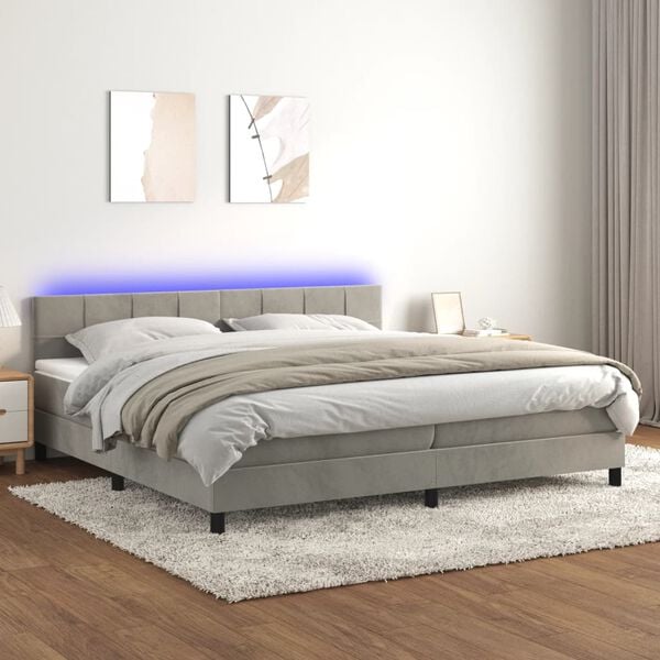 vidaXL Cama box spring colch&oacute;n y LED terciopelo gris claro 200x200 cm