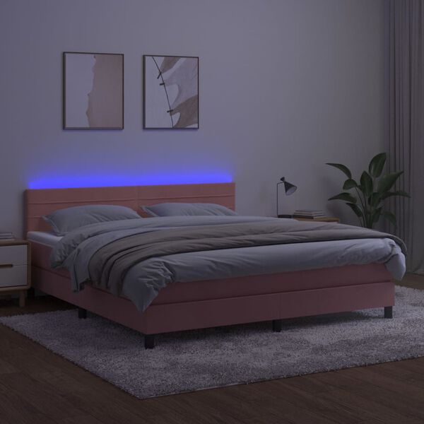 vidaXL Cama box spring colch&oacute;n y LED terciopelo rosa 160x200 cm
