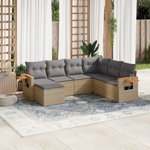vidaXL Set sof&aacute;s de jard&iacute;n 7 piezas y cojines rat&aacute;n sint&eacute;tico beige
