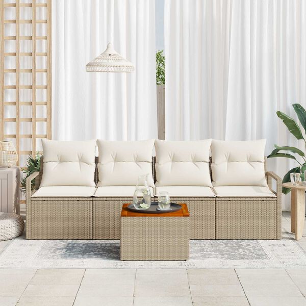 vidaXL Conjunto de sof&aacute;s de jard&iacute;n 5 pcs Beige y Crema rat&aacute;n sint&eacute;tico