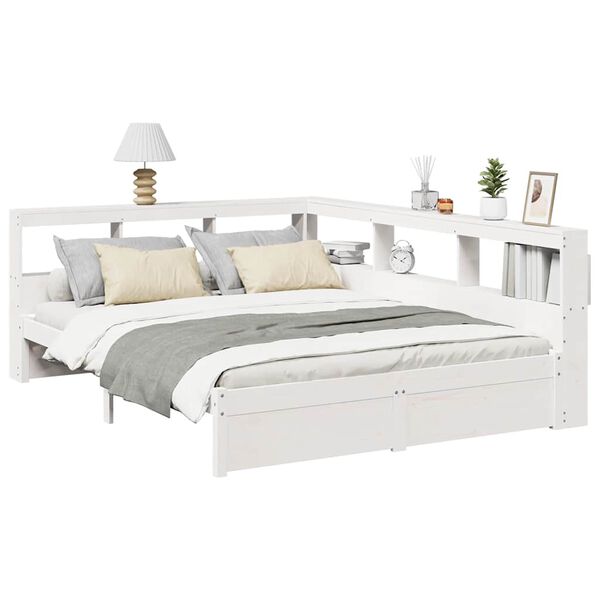 vidaXL Cama con estanter&iacute;a sin colch&oacute;n madera maciza blanca 150x200 cm