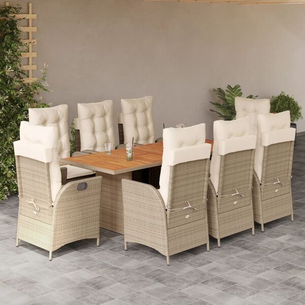 vidaXL Set comedor de jard&iacute;n 9 pzas con cojines rat&aacute;n sint&eacute;tico beige