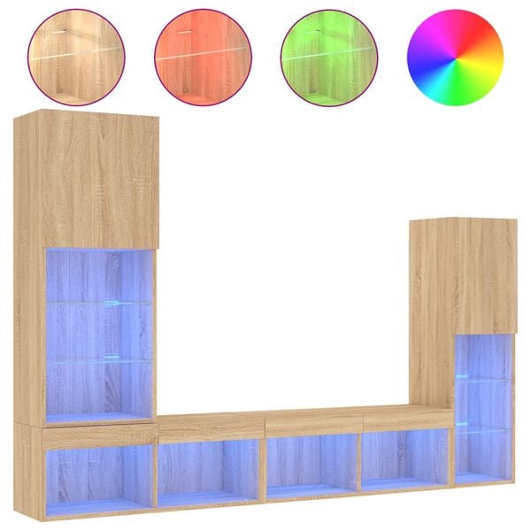 vidaXL Muebles TV pared con LED 4 pzas madera ingenier&iacute;a roble Sonoma