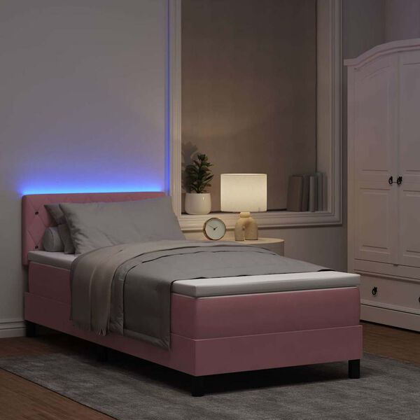 vidaXL Cama Box Spring LED con colch&oacute;n Rosa 100 x 200 cm Terciopelo