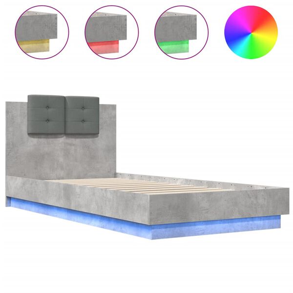 vidaXL Estructura de cama cabecero luces LED gris hormig&oacute;n 100x200 cm