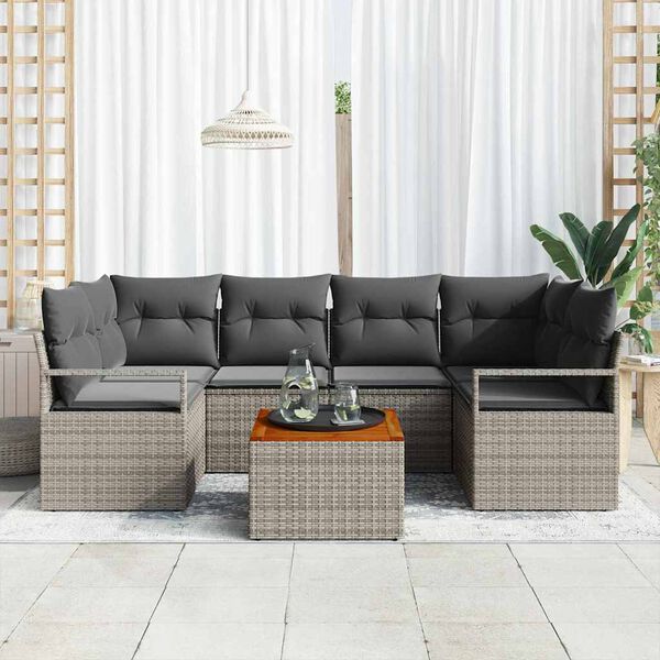 vidaXL Conjunto de sof&aacute; de jard&iacute;n con coj&iacute;n 7 pcs Gris Polirat&aacute;n