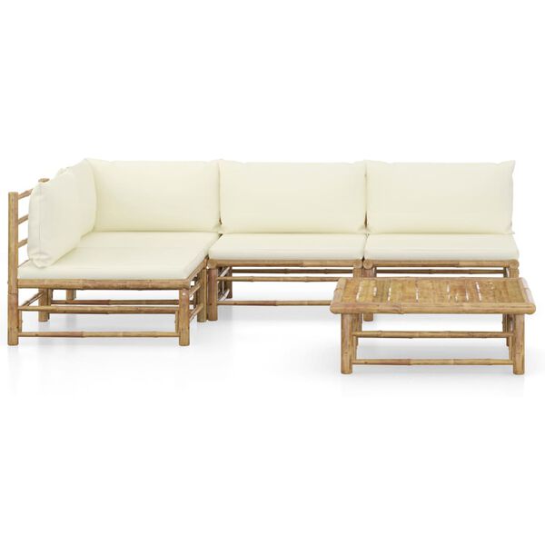 vidaXL Set de muebles de jardín 5 piezas bambú y cojines blanco crema