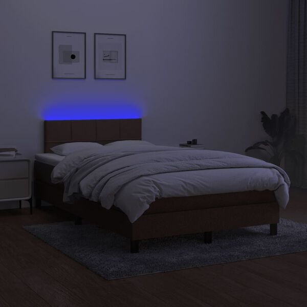 vidaXL Cama box spring con colch&oacute;n y LED tela marr&oacute;n oscuro 120x200 cm