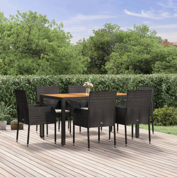 vidaXL Set de comedor de jard&iacute;n 7 pzas y cojines rat&aacute;n sint&eacute;tico negro