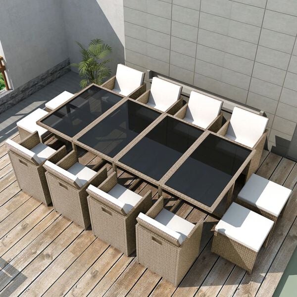 vidaXL Set comedor de jard&iacute;n 13 piezas y cojines rat&aacute;n sint&eacute;tico beige