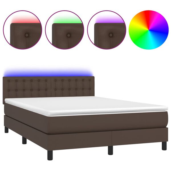 vidaXL Cama box spring colch&oacute;n y LED cuero sint&eacute;tico marr&oacute;n 140x200 cm