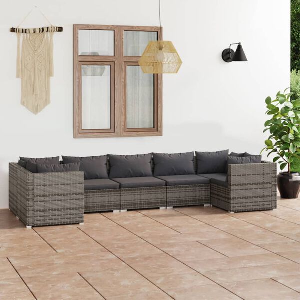vidaXL Set de muebles de jard&iacute;n 7 pzas y cojines rat&aacute;n sint&eacute;tico gris
