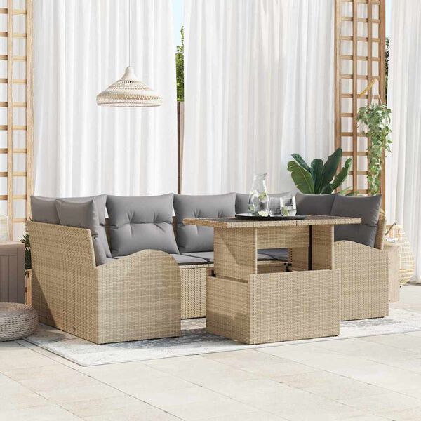 vidaXL Conjunto de sof&aacute; de jard&iacute;n con coj&iacute;n 7 pcs Beige Polirat&aacute;n