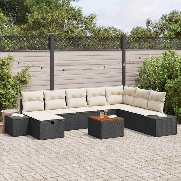 vidaXL Conjunto de sof&aacute; de jard&iacute;n con coj&iacute;n 9 pcs Negro Polirat&aacute;n