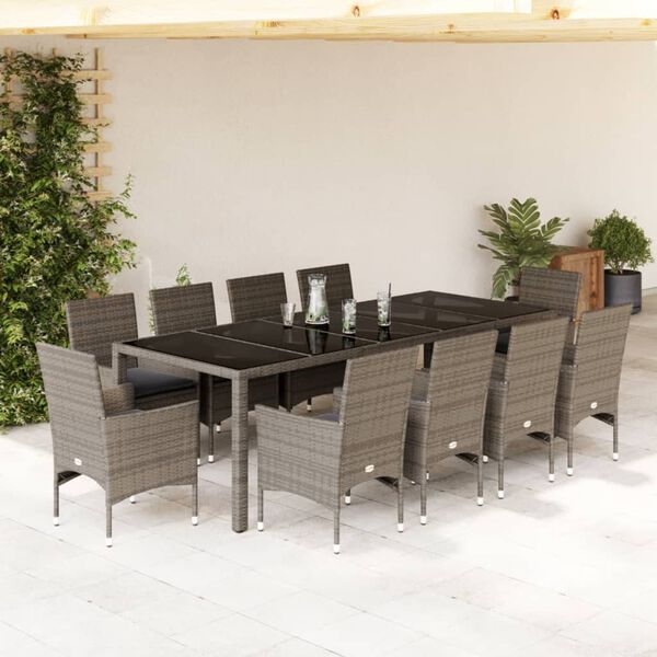 vidaXL Set comedor jard&iacute;n 11 pzas cojines rat&aacute;n sint&eacute;tico vidrio gris