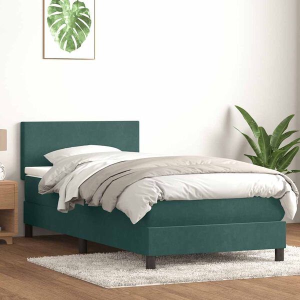 vidaXL Cama box spring con colch&oacute;n y LED terciopelo verde oscuro 80x220 cm