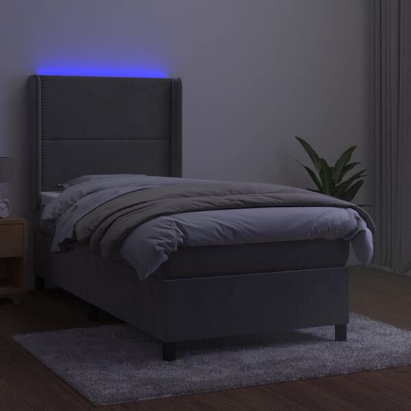 vidaXL Cama box spring colch&oacute;n y LED terciopelo gris claro 90x190 cm