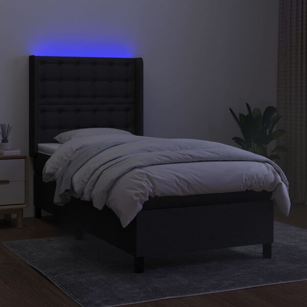 vidaXL Cama box spring colch&oacute;n y luces LED tela negro 90x190 cm