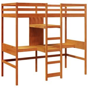 vidaXL Cama alta escritorio y estantes madera maciza marr&oacute;n 90x200 cm