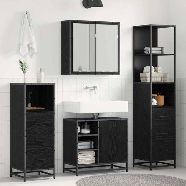 vidaXL Juego de muebles de ba&ntilde;o 4 pcs Roble Negro Madera de ingenier&iacute;a